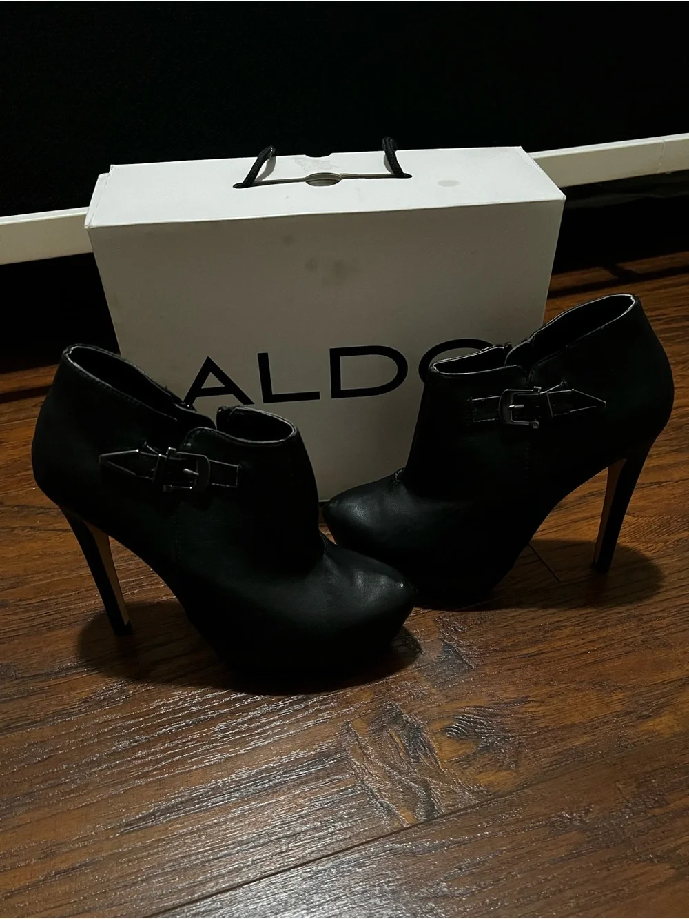 Aldo Black High Heel Ankle Booties with Buckle Accent